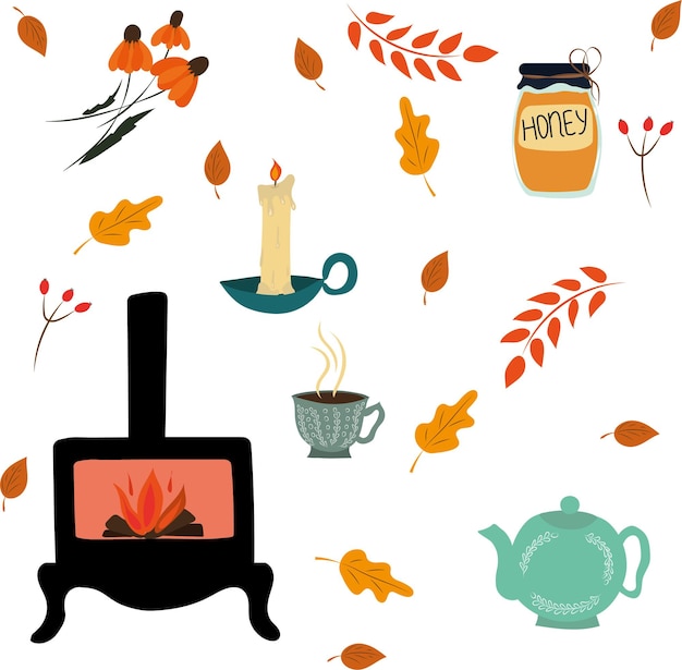 Otoño acogedor. Conjunto de vectores. Chimenea, té, tarde de otoño. Imagen vectorial de alta calidad.