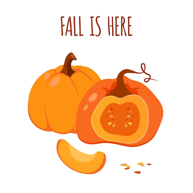 Otoño está aquí. humor otoñal con calabazas dibujadas naranja.