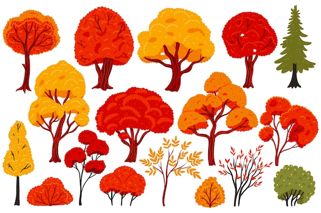 Vector otoño árboles y arbustos aislados sobre fondo blanco gráficos vectoriales