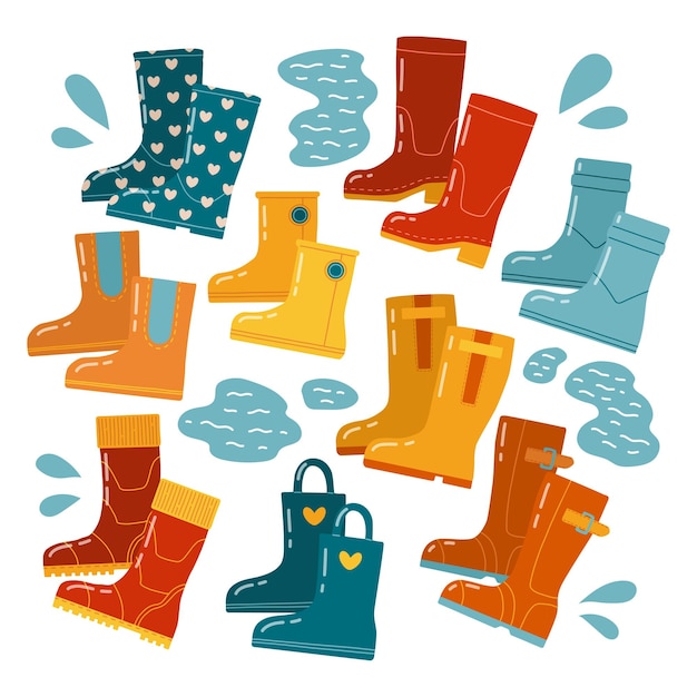 Otoño botas de goma vector ilustración diseño plano conjunto