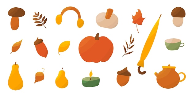 Otoño calabaza chaqueta setas hojas vela pera auriculares establecer elementos ilustración vectorial