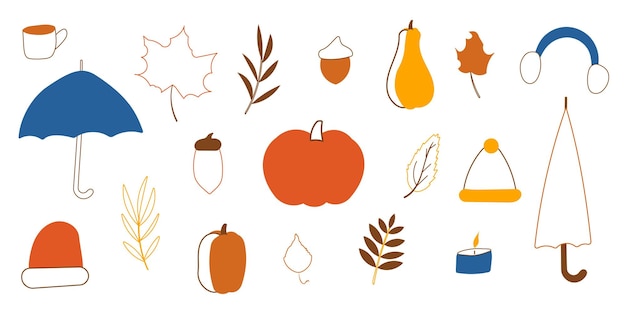 otoño calabaza chaqueta setas hojas vela pera bufanda auriculares conjunto elementos línea garabato
