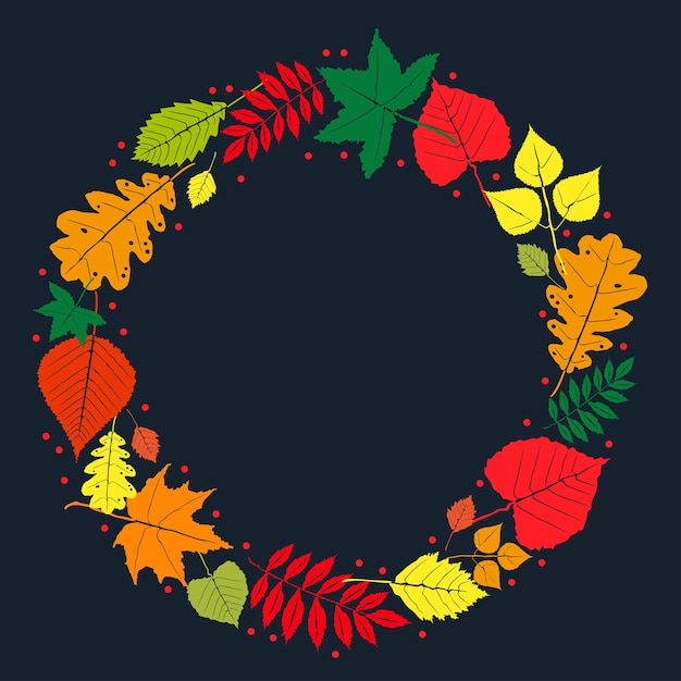 Otoño. Una corona de otoño, las hojas multicolores brillantes están dispuestas en un círculo sobre un fondo oscuro, puede colocar un texto en el centro. Un conjunto de hojas diferentes confeccionadas en el mismo estilo.