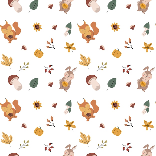 Otoño día de Acción de Gracias patrón sin costuras con hojas lindas animales calabazas