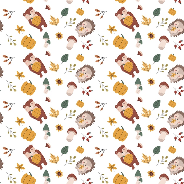 Otoño día de Acción de Gracias patrón sin costuras con hojas lindas animales calabazas