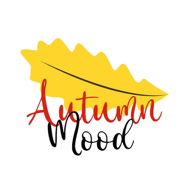 Otoño estado de ánimo caída letras pegatina banner inscripción tema con hojas de color amarillo vector ilustración plana aislado sobre fondo blanco Estilo plano de dibujos animados simple