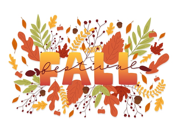 Otoño Festival escritura a mano palabra y hojas de otoño fondo Vector ilustración plantilla cartel