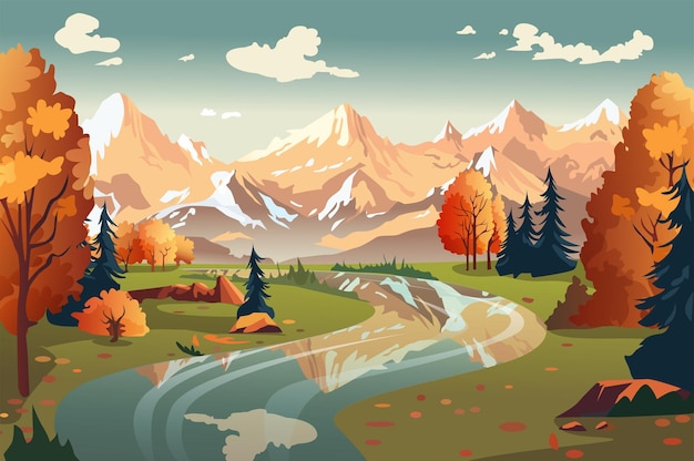 Otoño de fondo en las montañas en el diseño de dibujos animados planos esta ilustración del otoño en el