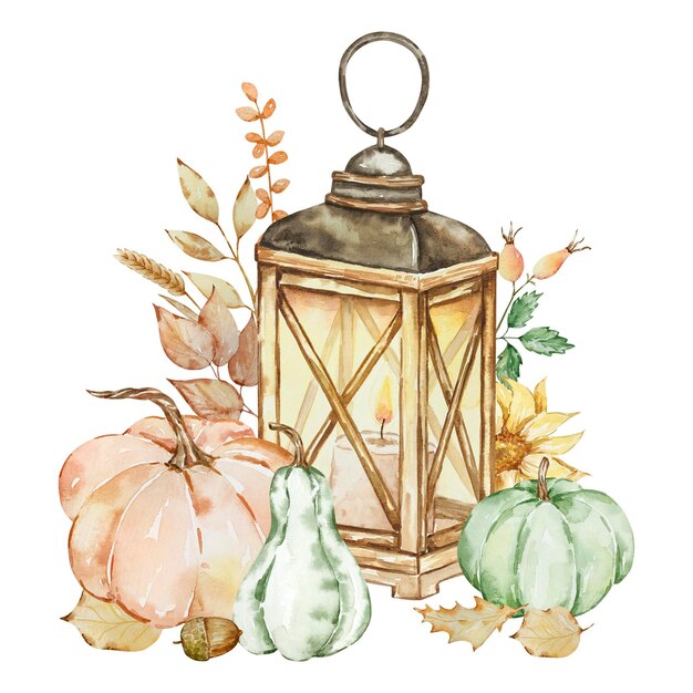 Otoño ilustración acuarela linterna y calabazas