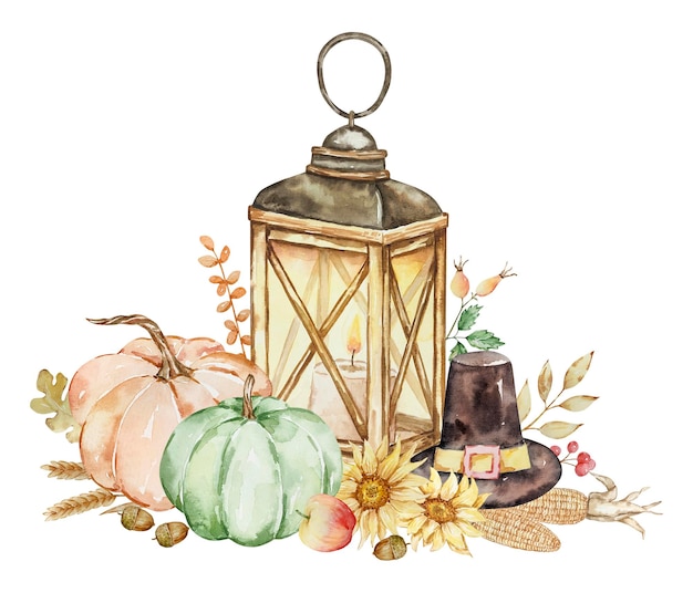 Otoño ilustración acuarela linterna y calabazas