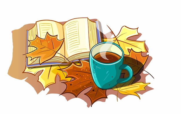 Vector otoño. un libro abierto. taza de té, café. hojas rojas amarillas. ilustración de dibujos animados.