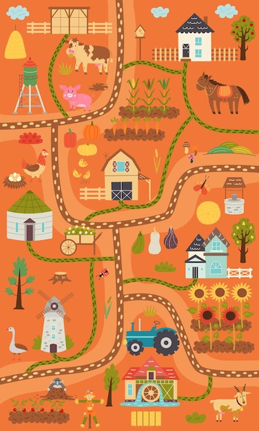 Otoño mapa vertical de la granja rústica. mapa del pueblo constructor, animales de granja, rancho. diseño de guardería para carteles, alfombra, habitación infantil. ilustración de sorteo de mano de vector