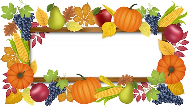 Otoño con marco de madera y frutas de otoño.
