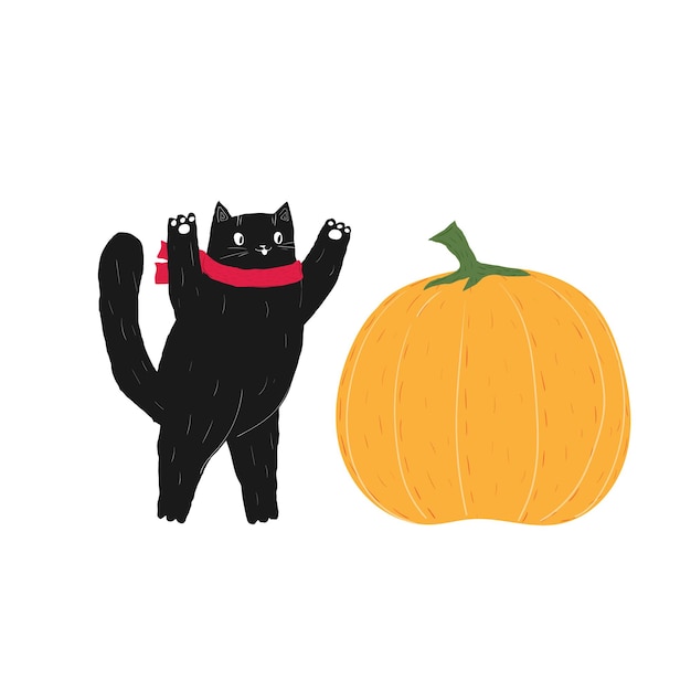 Otoño negro halloween gato con bufanda juega con calabaza octubre gatito stock vector caricatura plana