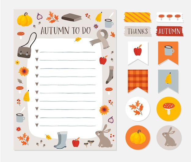 Otoño otoño desea hacer la lista Colorido scrapbooking pegatinas etiquetas cintas y etiquetas de regalo Lindo conjunto de plantillas de planificador de papelería Concepto de vacaciones de Acción de Gracias de moda Objetos vectoriales aislados