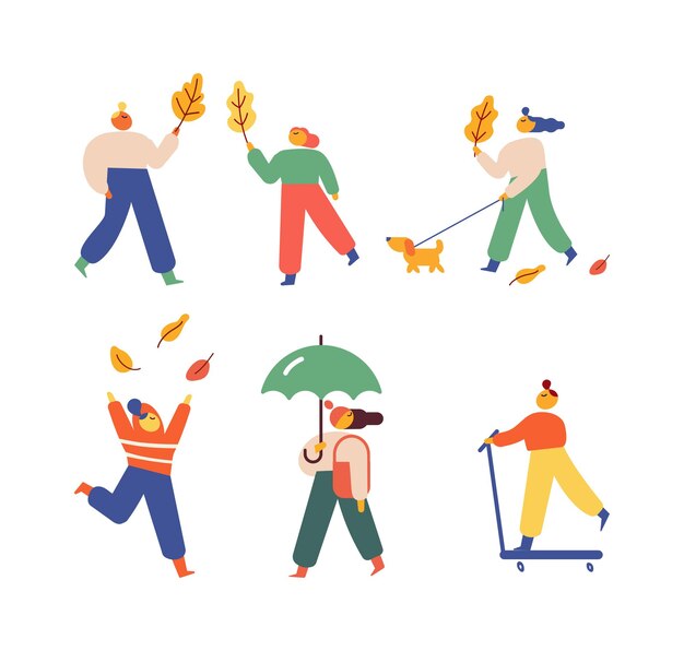 Otoño otoño personas al aire libre vector plano conjunto aislado en blanco