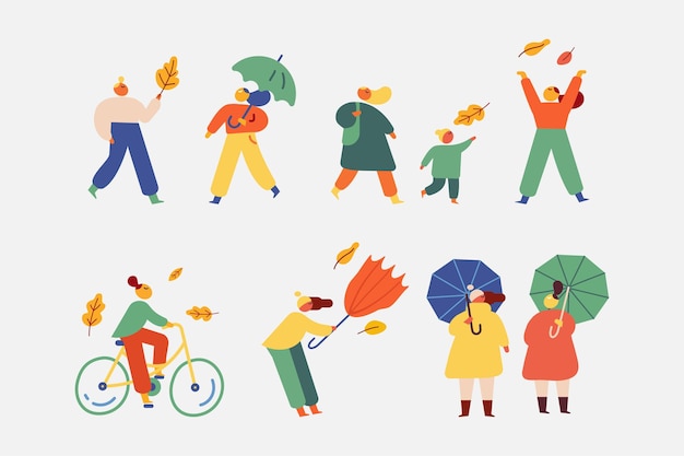 Otoño otoño personas al aire libre vector plano conjunto aislado en blanco