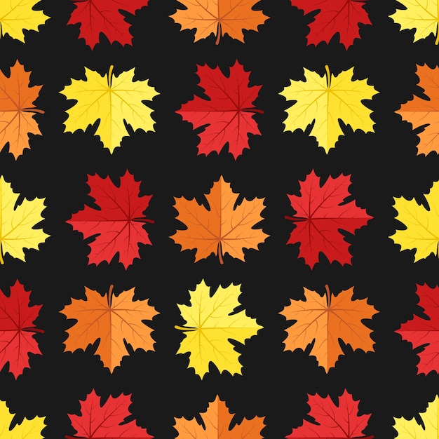 Otoño otoño vector de patrones sin fisuras hojas de arce rojo amarillo y naranja sobre fondo negro