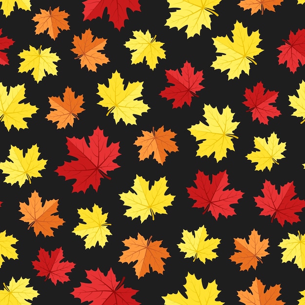 Otoño otoño vector de patrones sin fisuras hojas de arce rojo amarillo y naranja sobre fondo negro
