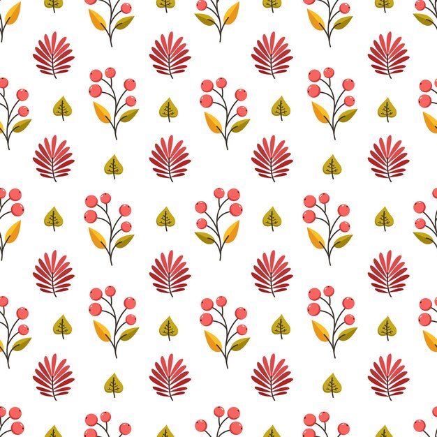 Otoño de patrones sin fisuras con bayas y hojas de otoño sobre fondo blanco.