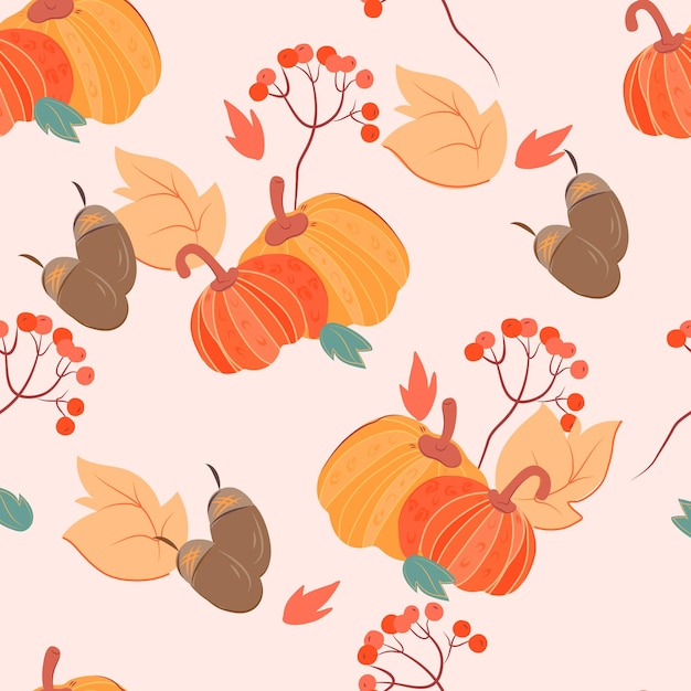 Otoño de patrones sin fisuras con calabazas hojas amarillas y vector plano de bellota