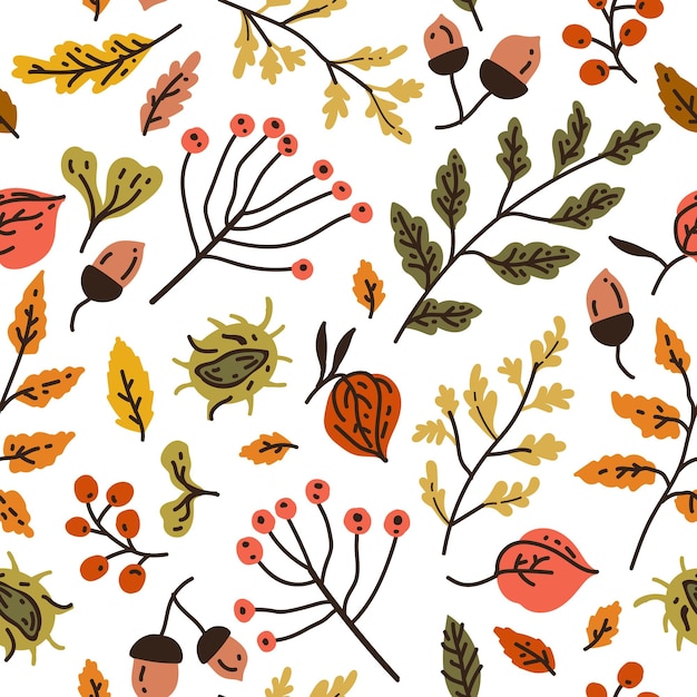 Otoño de patrones sin fisuras con diferentes hojas y plantas de colores estacionales