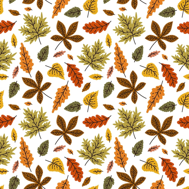 Otoño de patrones sin fisuras con diferentes hojas y plantas de colores estacionales