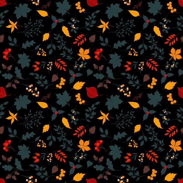 Otoño de patrones sin fisuras con diferentes hojas y plantas de colores estacionales