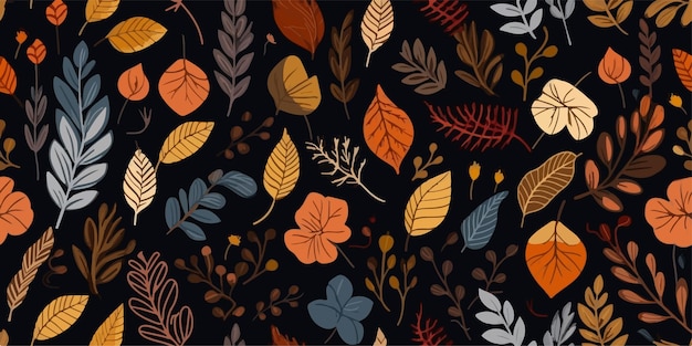 Otoño de patrones sin fisuras con diferentes hojas y plantas de colores estacionales