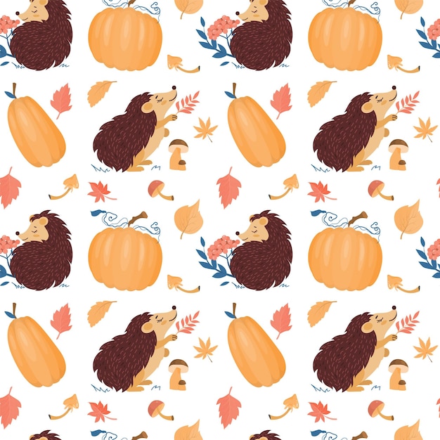 Otoño de patrones sin fisuras con un erizo, calabaza y setas. Ilustración de estilo de dibujos animados con personajes lindos.