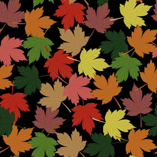 Otoño de patrones sin fisuras hojas caídas multicolores de arce sobre un fondo negro estilo plano