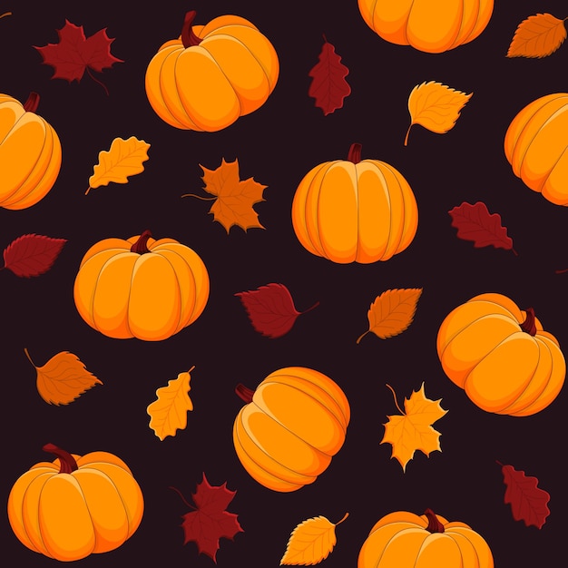 Otoño de patrones sin fisuras. Hojas de otoño y calabazas naranjas sobre un fondo oscuro. ilustración vectorial