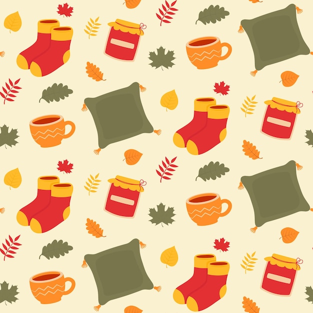 Otoño de patrones sin fisuras Patrón con calcetines tarro de mermelada almohada taza de té y follaje