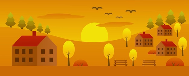Vector otoño pueblo de otoño casas árboles bancos imagen en tonos amarillos ilustración vectorial de dibujos animados