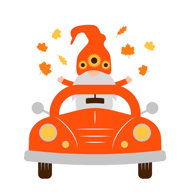 Otoño retro coche y lindo otoño gnomo vector plantilla para tarjeta de acción de gracias banner tipografía cartel volante