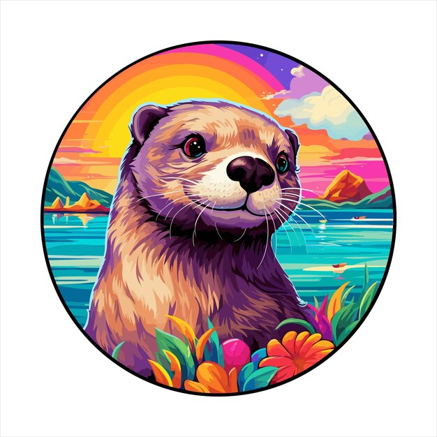 Vector otter colorful cartoon kawaii personaje playa sunset animal pet sticker ilustración aislada