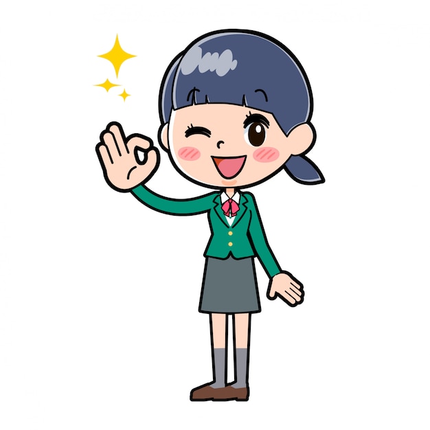 Out line school girl Green_OK-sign