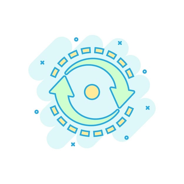 Óvalo con icono de flechas en estilo cómico Consistencia repetir ilustración de dibujos animados vectoriales sobre fondo blanco aislado Efecto de salpicadura de concepto de negocio de rotación de recarga