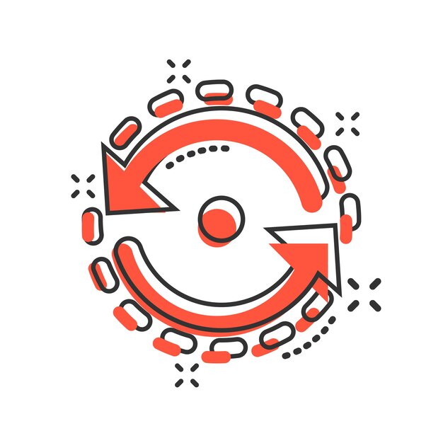 Óvalo con icono de flechas en estilo cómico Consistencia repetir ilustración de dibujos animados vectoriales sobre fondo blanco aislado Efecto de salpicadura de concepto de negocio de rotación de recarga