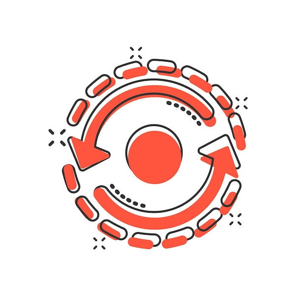 Óvalo con icono de flechas en estilo cómico Consistencia repetir ilustración de dibujos animados vectoriales sobre fondo blanco aislado Efecto de salpicadura de concepto de negocio de rotación de recarga