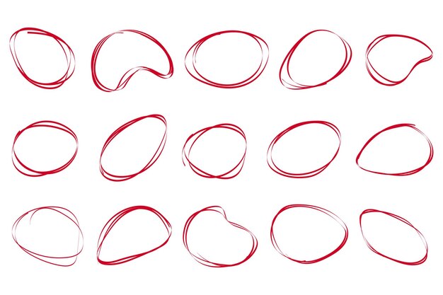 Ovalos y círculos grunge rojos dibujados con lápiz Doodle para resaltar