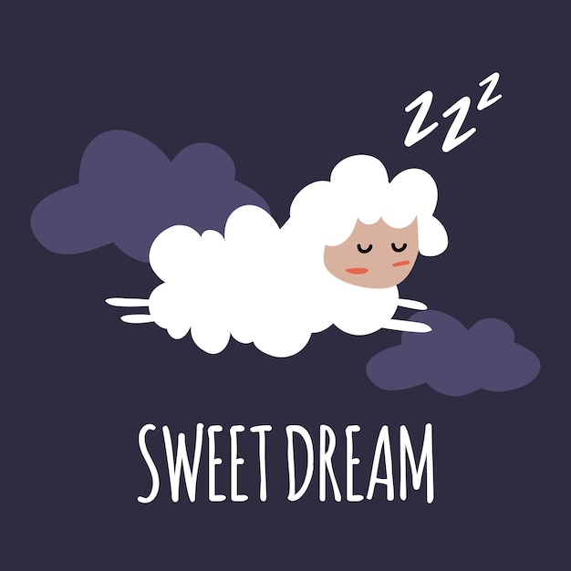 Una oveja durmiendo en las nubes con las palabras "dulces sueños".