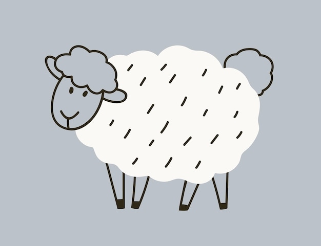 Una oveja linda en estilo escandinavo adorable bebé animal de granja con lana esponjosa dibujando cordero en blanco y negro ganado de campo Scandi vivero infantil gráfico de vector plano