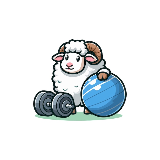 una oveja linda haciendo ejercicio con una pelota de fitness ilustración de icono de dibujos animados vectorial naturaleza animal aislada plana