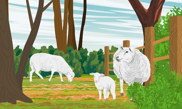 Ovejas blancas esponjosas y un cordero pastan detrás de una valla. Animales de granja. Paisaje vectorial realista