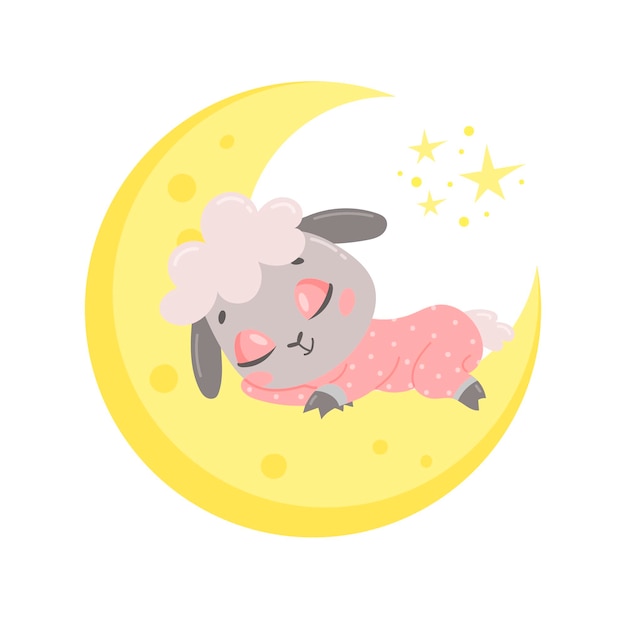ovejas de dibujos animados lindo durmiendo en la luna.