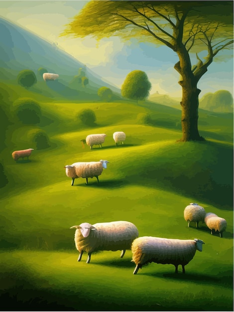 Las ovejas pastan en un prado verde cuentan el paisaje de animales de granja de ovejas contando animales de dibujos animados para dormir