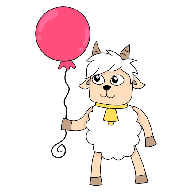 Ovejas de pie sosteniendo globos rojos en cumpleaños, arte de ilustración vectorial. imagen de icono de doodle kawaii.