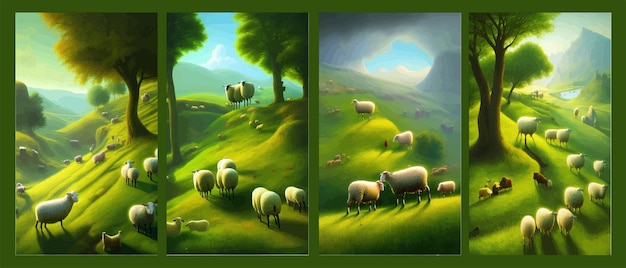 Ovejas en prados y colinas verdes verano paisaje rural banner ilustración vectorial de la naturaleza y