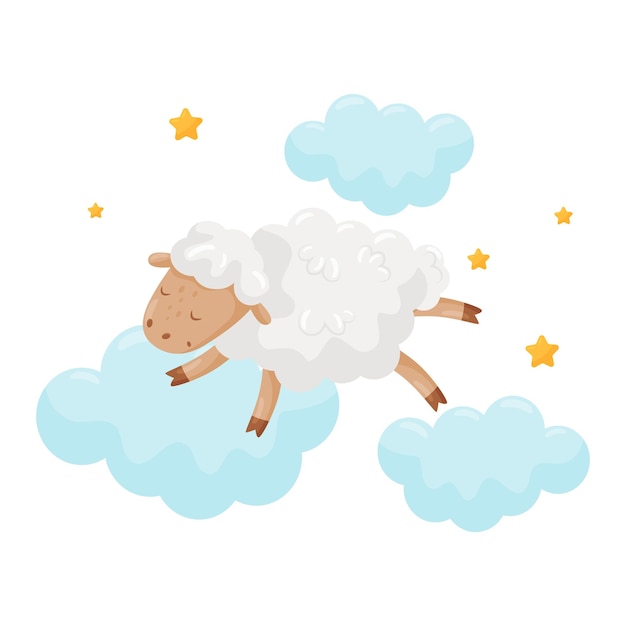 Una ovejita linda durmiendo en una nube, un personaje de dibujos animados de animales encantadores, una buena noche, un elemento de diseño, un vector de sueños dulces, una ilustración aislada sobre un fondo blanco.